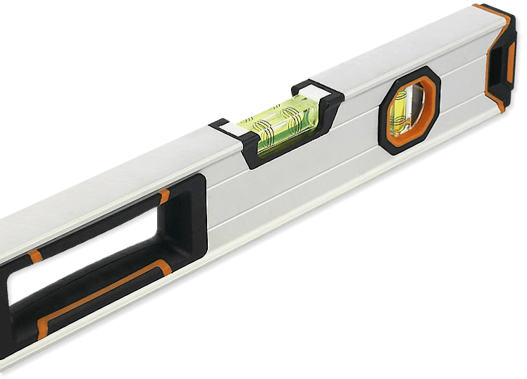 Close-up of a precision spirit level tool with a silver metal body and orange details. It features a central green vial for checking level and two orange vials for checking plumb, all set within a durable frame with easy-grip handles.